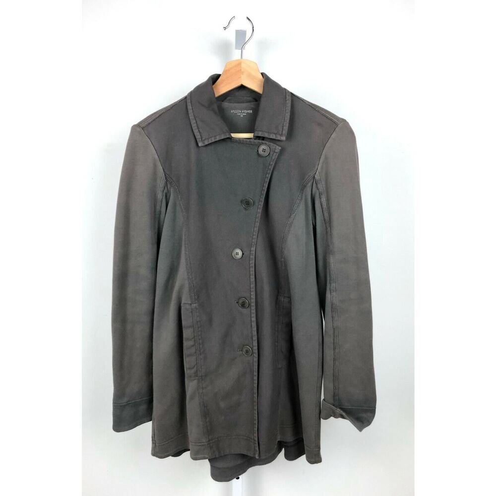 EILEEN FISHER  XS Organic Cotton Knit Jacket Asymmetric Button Front Collar Gray